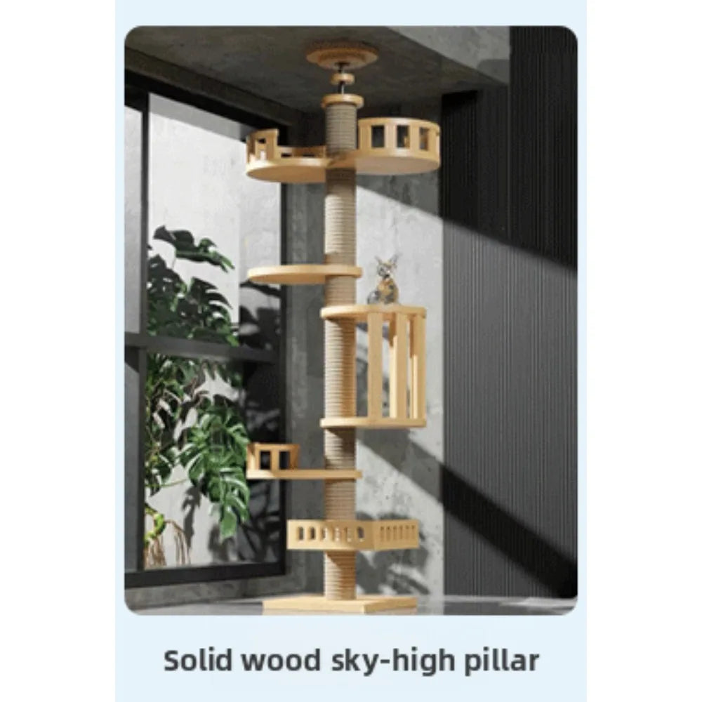 Albero tiragraffi cielo-terra regolabile in altezza per gatti, modello a torre multipiano con amache e cuccia, disponibile in 10 varianti di colore e design salvaspazio.