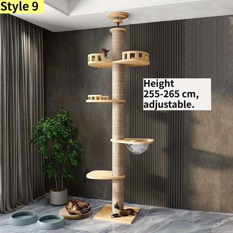 Albero tiragraffi cielo-terra regolabile in altezza per gatti, modello a torre multipiano con amache e cuccia, disponibile in 10 varianti di colore e design salvaspazio.