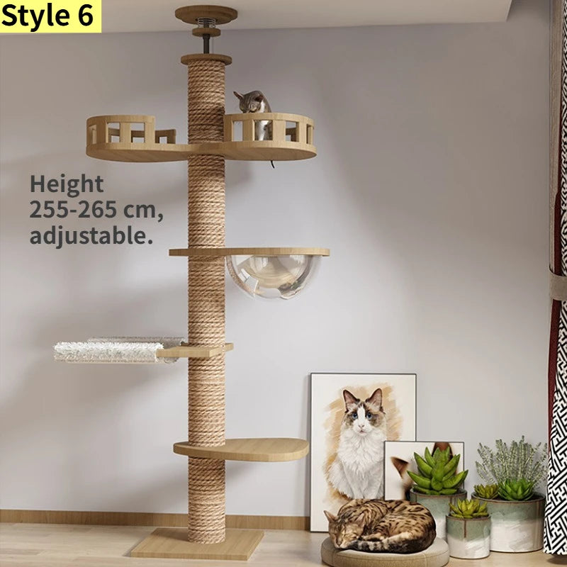 Albero tiragraffi cielo-terra regolabile in altezza per gatti, modello a torre multipiano con amache e cuccia, disponibile in 10 varianti di colore e design salvaspazio.