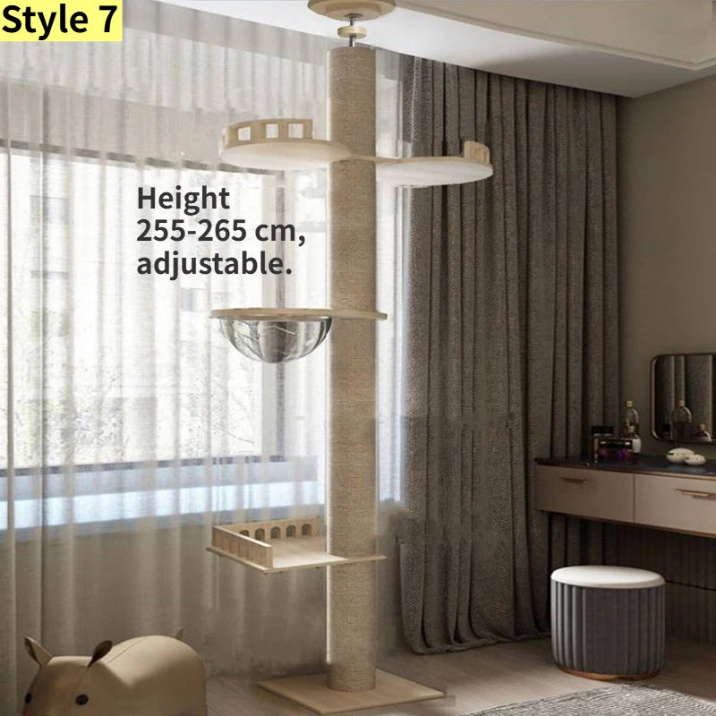 Albero tiragraffi cielo-terra regolabile in altezza per gatti, modello a torre multipiano con amache e cuccia, disponibile in 10 varianti di colore e design salvaspazio.