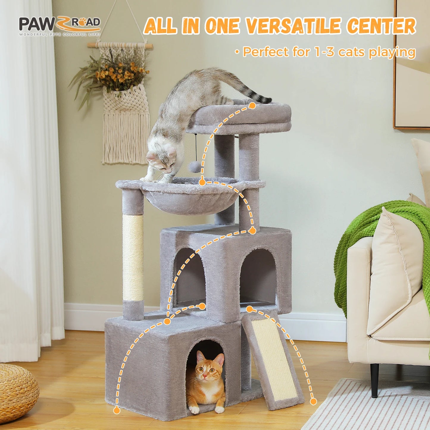 Albero tiragraffi per gatti grandi con doppia cuccia, amaca XL da 40 cm e rampa tiragraffi in sisal, disponibile in grigio e beige, torre multipiano robusta e sicura.