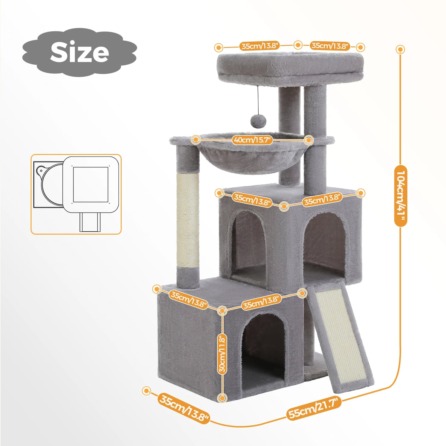 Albero tiragraffi per gatti grandi con doppia cuccia, amaca XL da 40 cm e rampa tiragraffi in sisal, disponibile in grigio e beige, torre multipiano robusta e sicura.