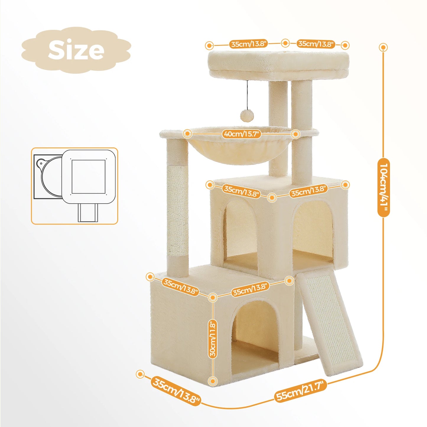 Albero tiragraffi per gatti grandi con doppia cuccia, amaca XL da 40 cm e rampa tiragraffi in sisal, disponibile in grigio e beige, torre multipiano robusta e sicura.