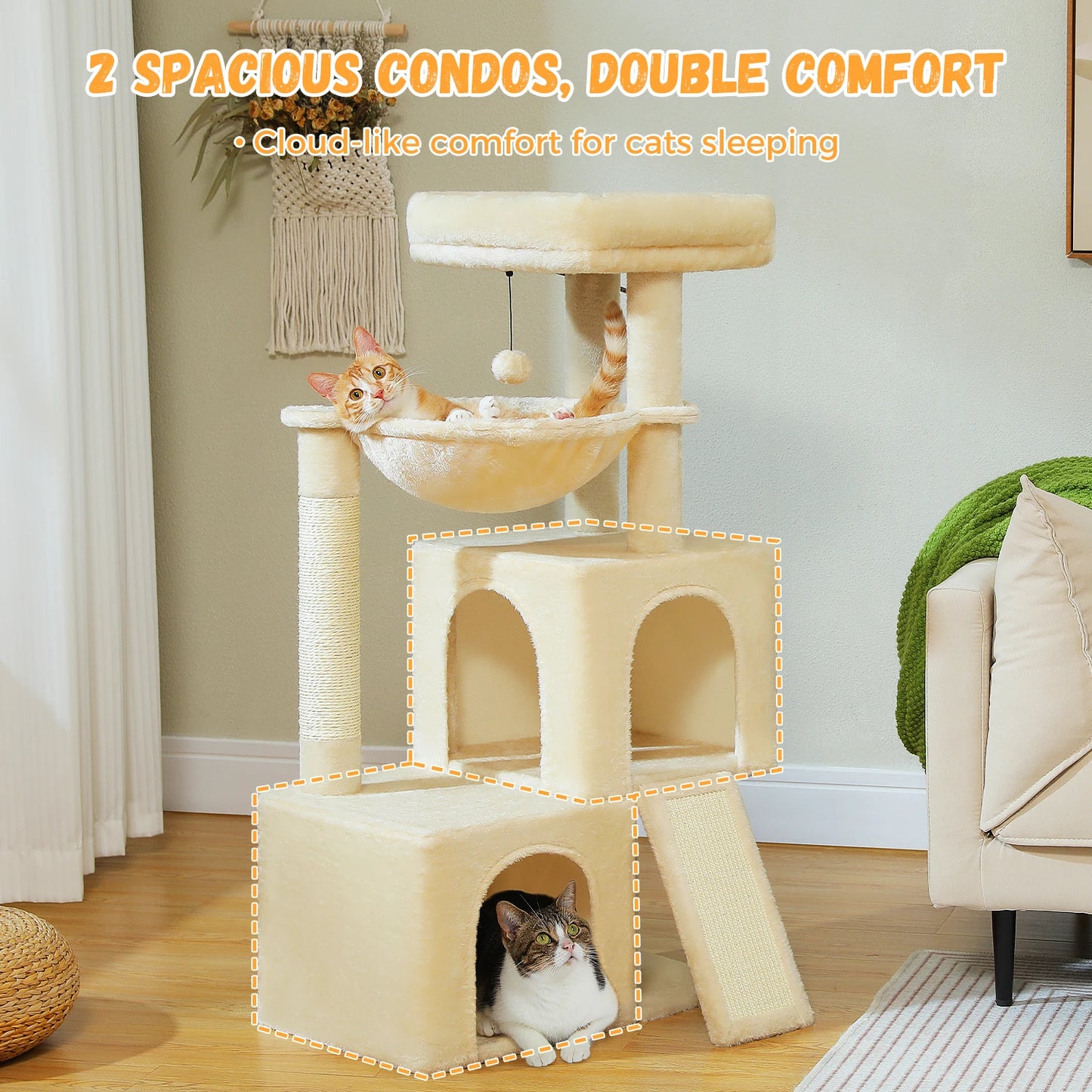 Albero tiragraffi per gatti grandi con doppia cuccia, amaca XL da 40 cm e rampa tiragraffi in sisal, disponibile in grigio e beige, torre multipiano robusta e sicura.