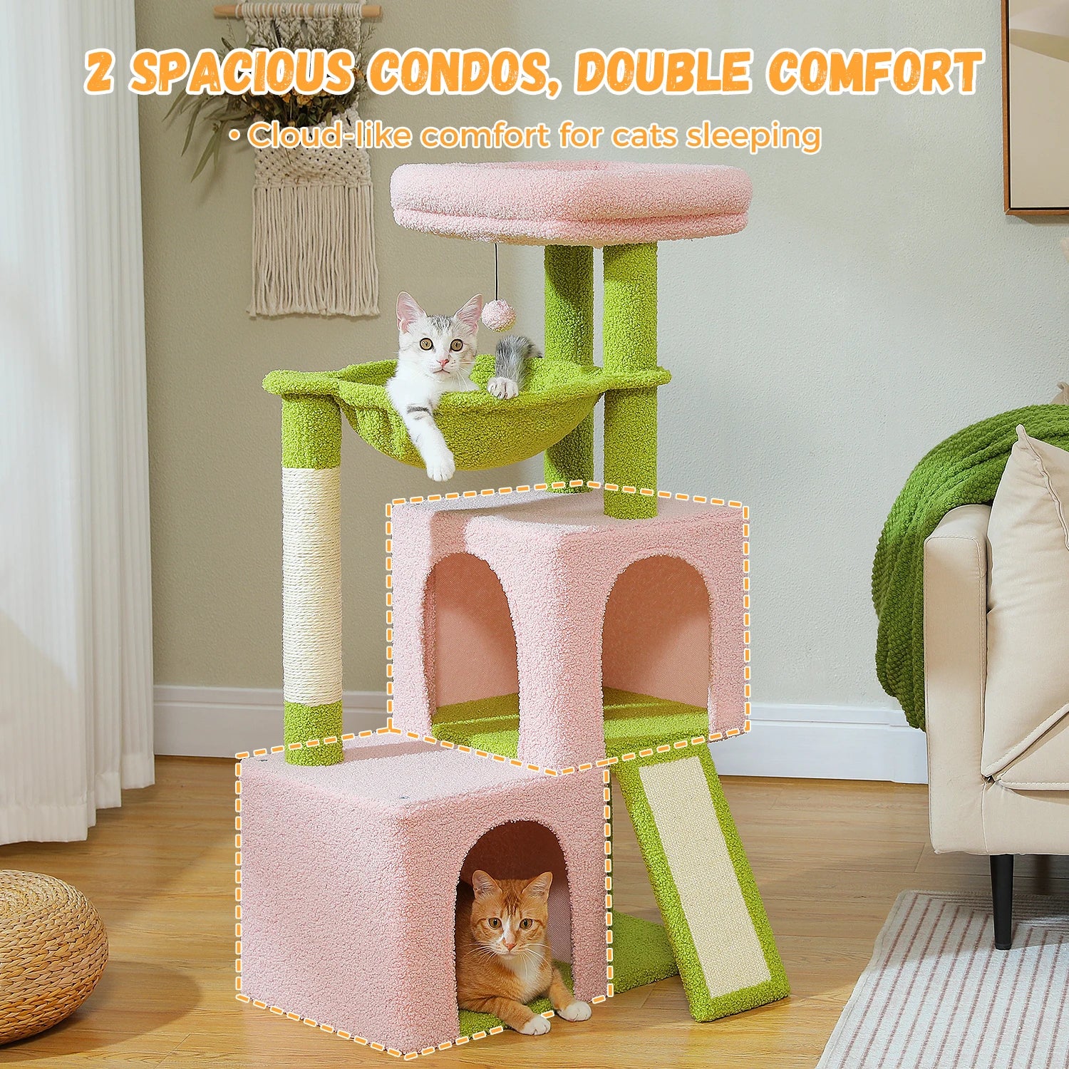 Albero tiragraffi per gatti grandi con doppia cuccia, amaca XL da 40 cm e rampa tiragraffi in sisal, disponibile in grigio e beige, torre multipiano robusta e sicura.