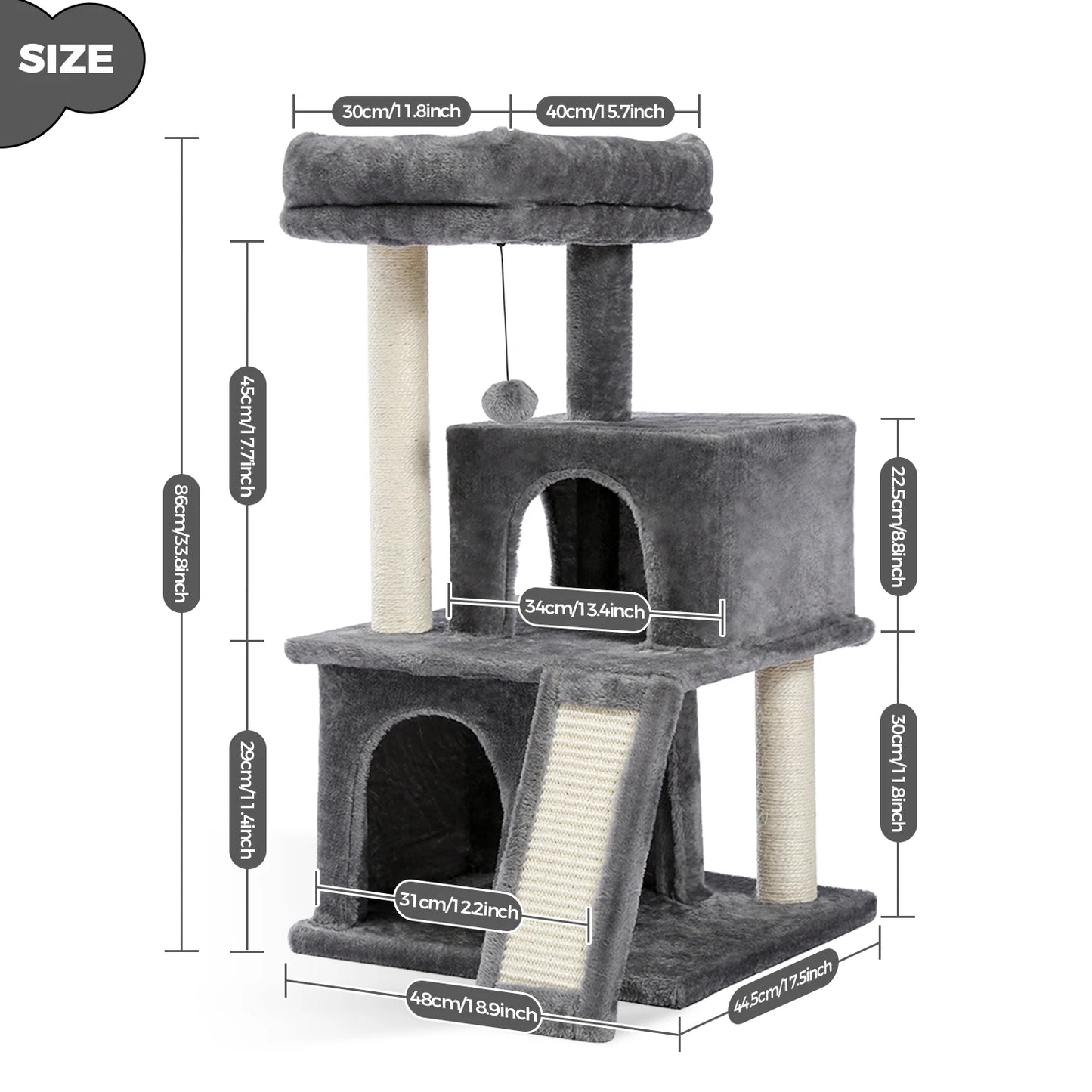 Albero tiragraffi per gatti grandi con doppia cuccia, amaca XL da 40 cm e rampa tiragraffi in sisal, disponibile in grigio e beige, torre multipiano robusta e sicura.