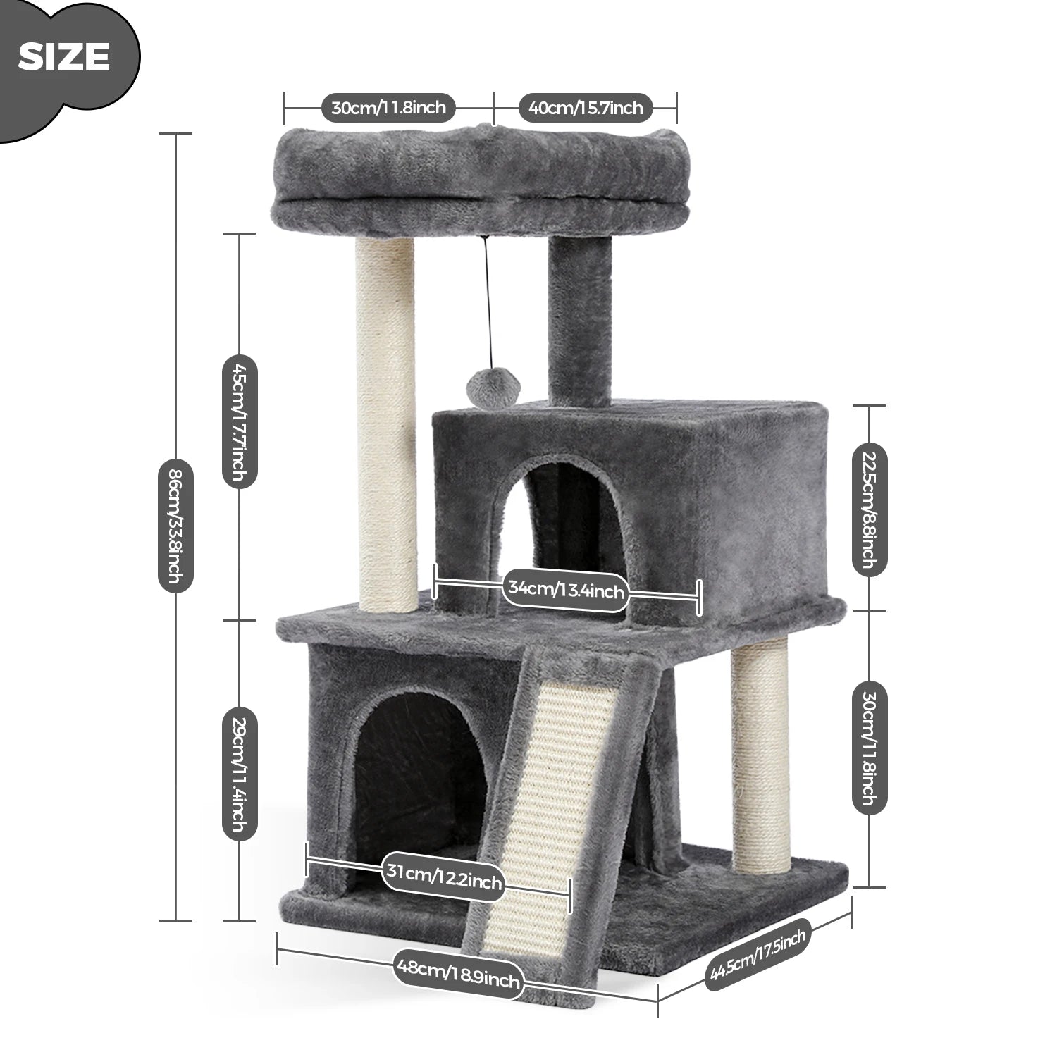 Albero tiragraffi per gatti grandi con doppia cuccia, amaca XL da 40 cm e rampa tiragraffi in sisal, disponibile in grigio e beige, torre multipiano robusta e sicura.