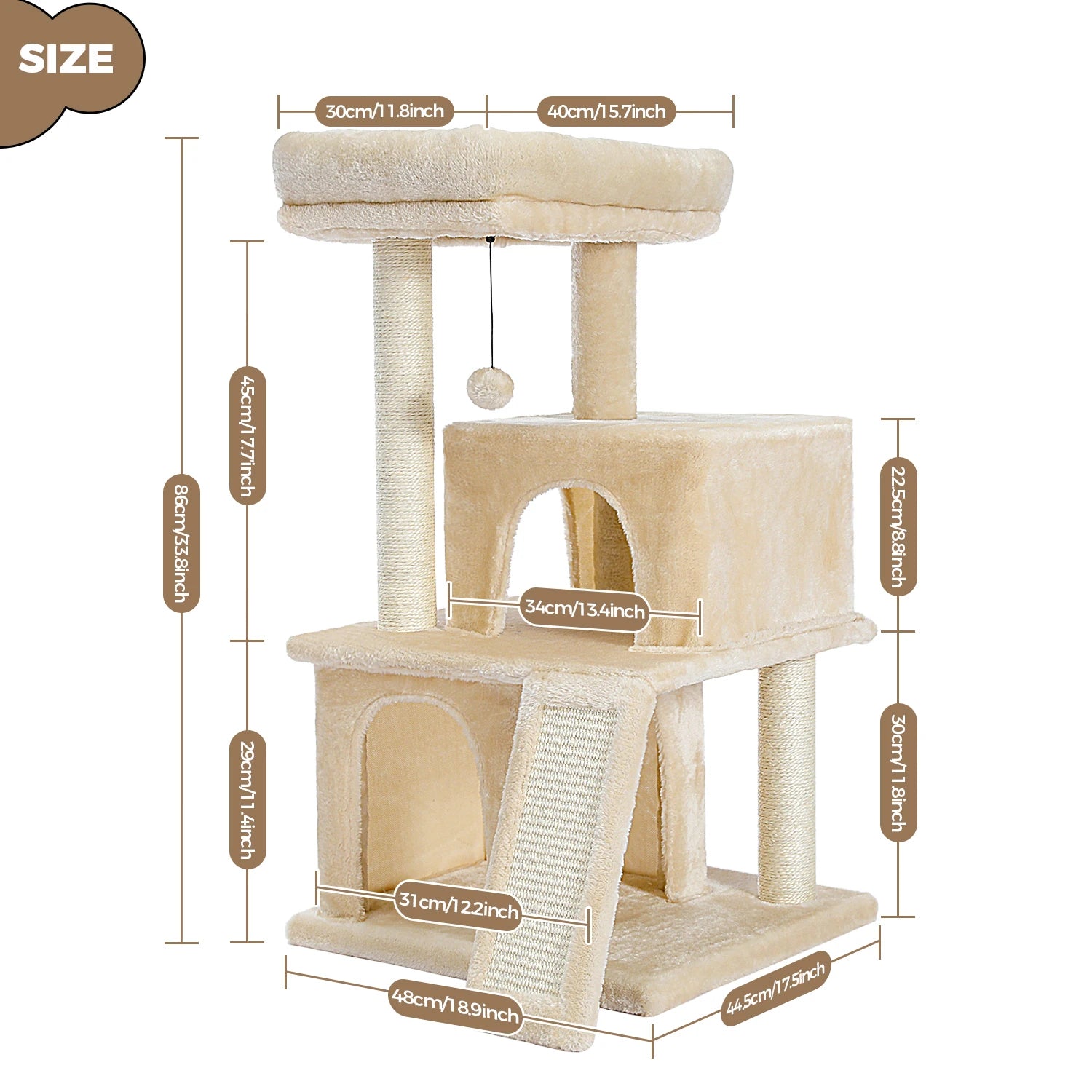Albero tiragraffi per gatti grandi con doppia cuccia, amaca XL da 40 cm e rampa tiragraffi in sisal, disponibile in grigio e beige, torre multipiano robusta e sicura.