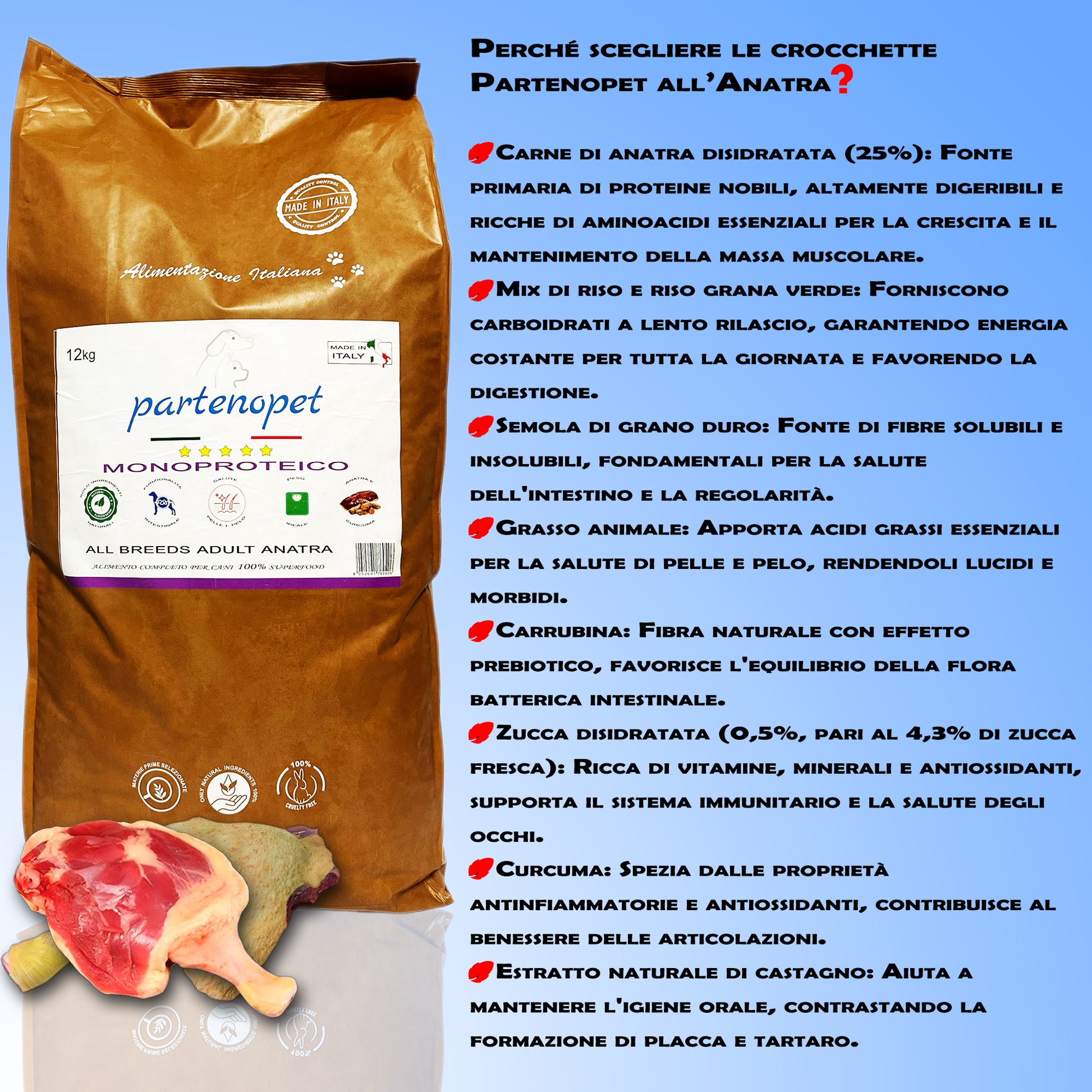 Partenopet Adult All Breeds Mono Anatra e Zucca Crocchette per Cani 100% Naturali 12 kg - Partenopet