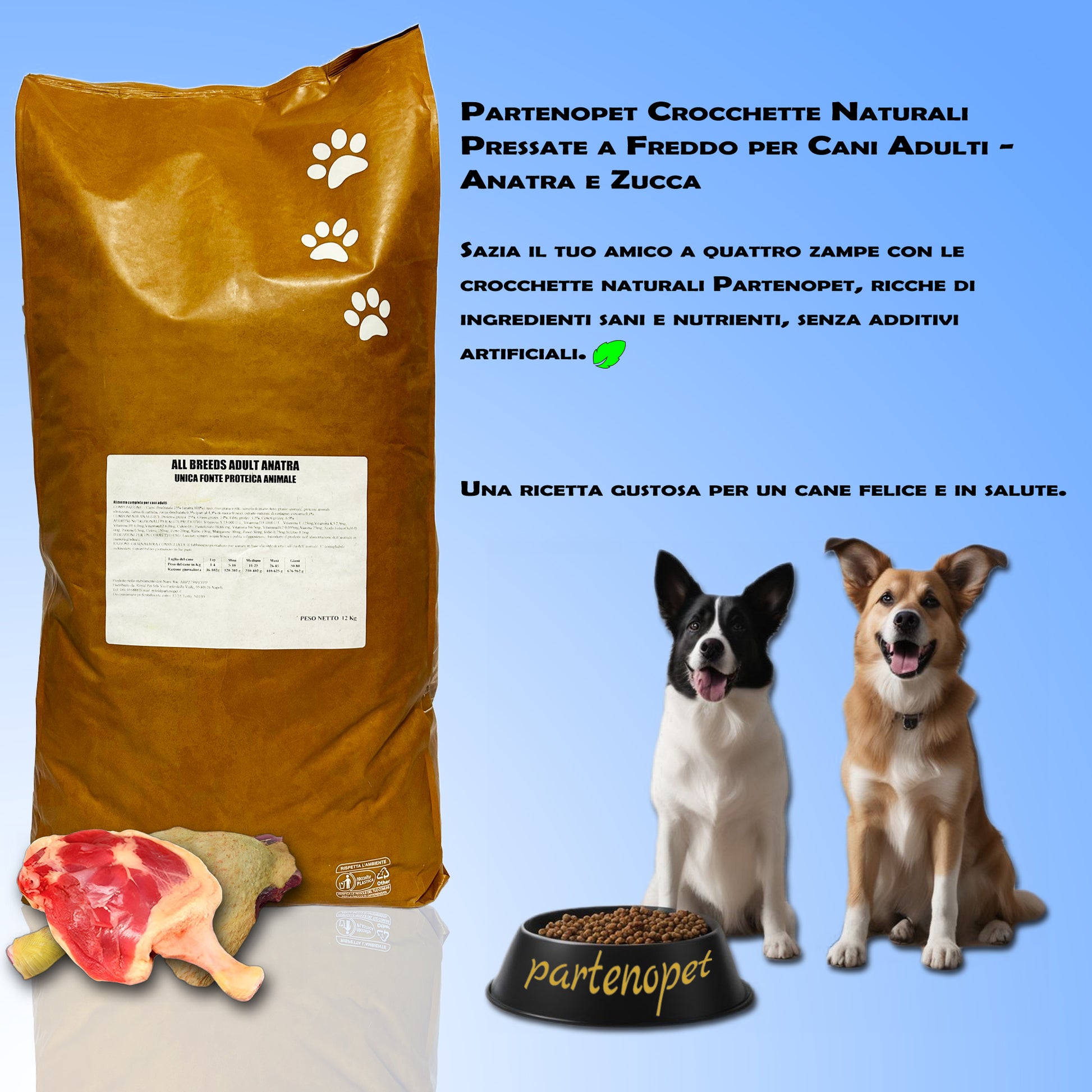 Partenopet Adult All Breeds Mono Anatra e Zucca Crocchette per Cani 100% Naturali 12 kg - Partenopet