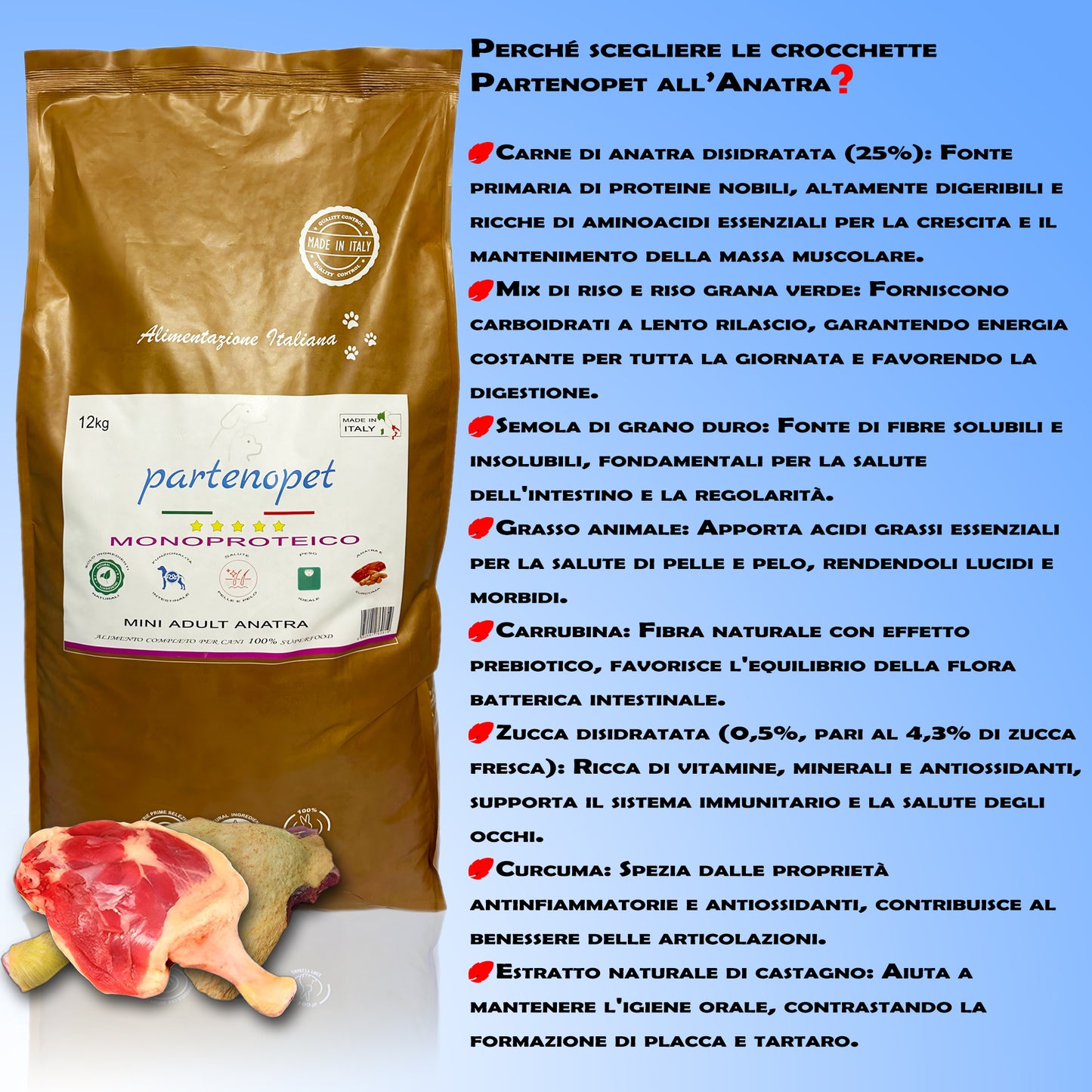 Partenopet Adult Mini Monoproteico Anatra e Zucca Crocchette per Cani 100% Naturali 12kg - Partenopet