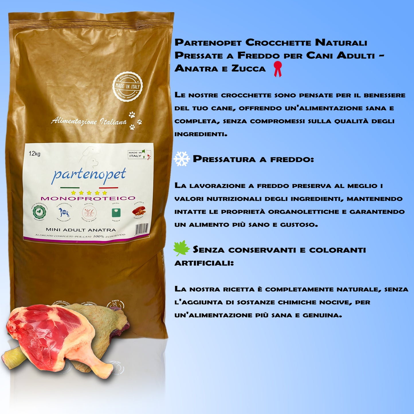 Partenopet Adult Mini Monoproteico Anatra e Zucca Crocchette per Cani 100% Naturali 12kg - Partenopet