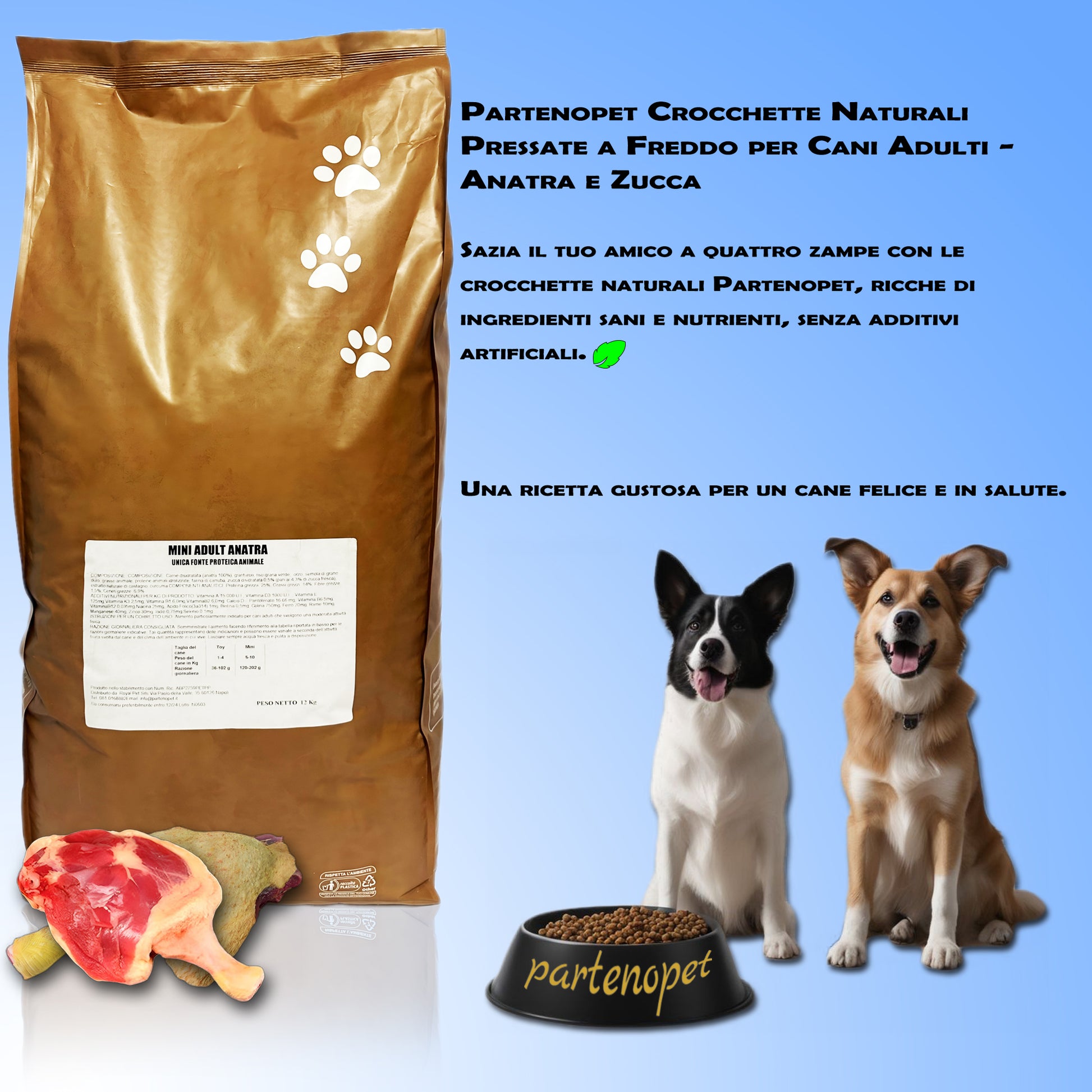 Partenopet Adult Mini Monoproteico Anatra e Zucca Crocchette per Cani 100% Naturali 12kg - Partenopet