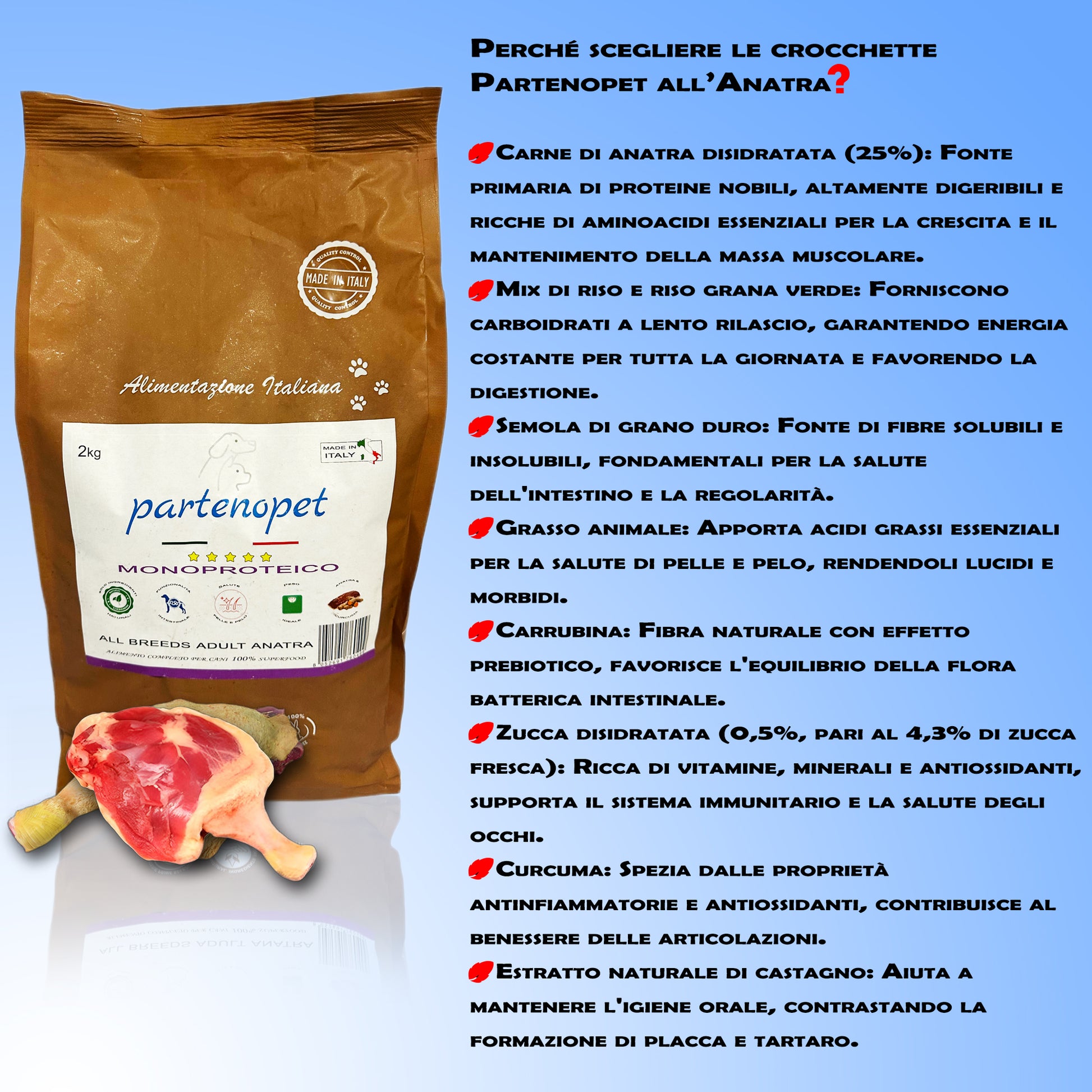 Partenopet Adult All Breeds Mono Anatra e Zucca Crocchette per Cani 100% Naturali 2 kg - Partenopet