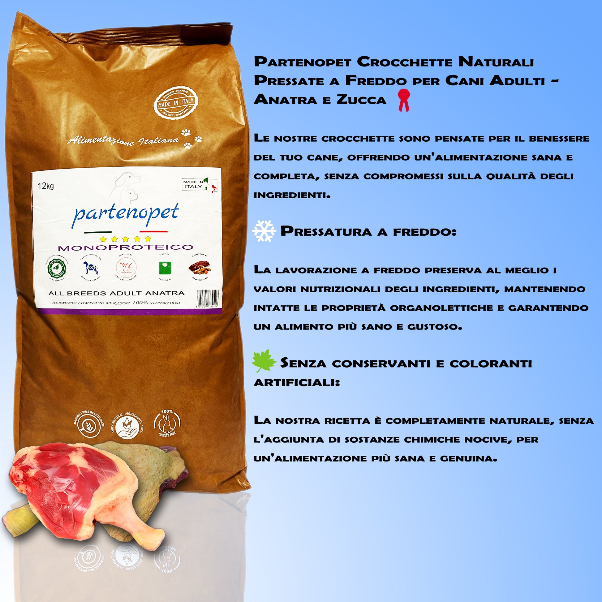 Partenopet Adult All Breeds Mono Anatra e Zucca Crocchette per Cani 100% Naturali 12 kg - Partenopet