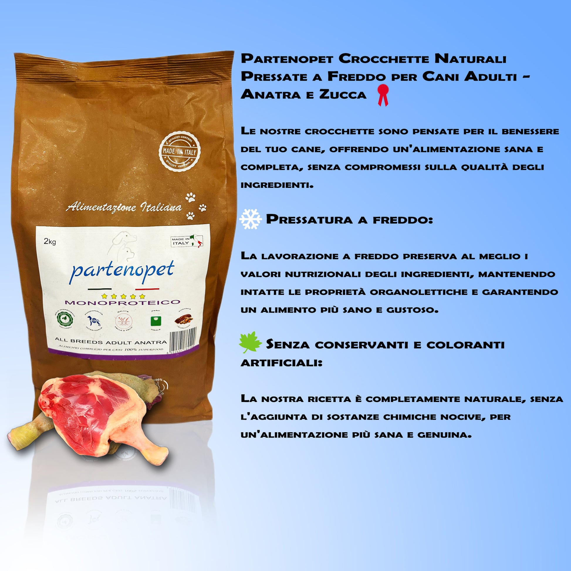 Partenopet Adult All Breeds Mono Anatra e Zucca Crocchette per Cani 100% Naturali 2 kg - Partenopet