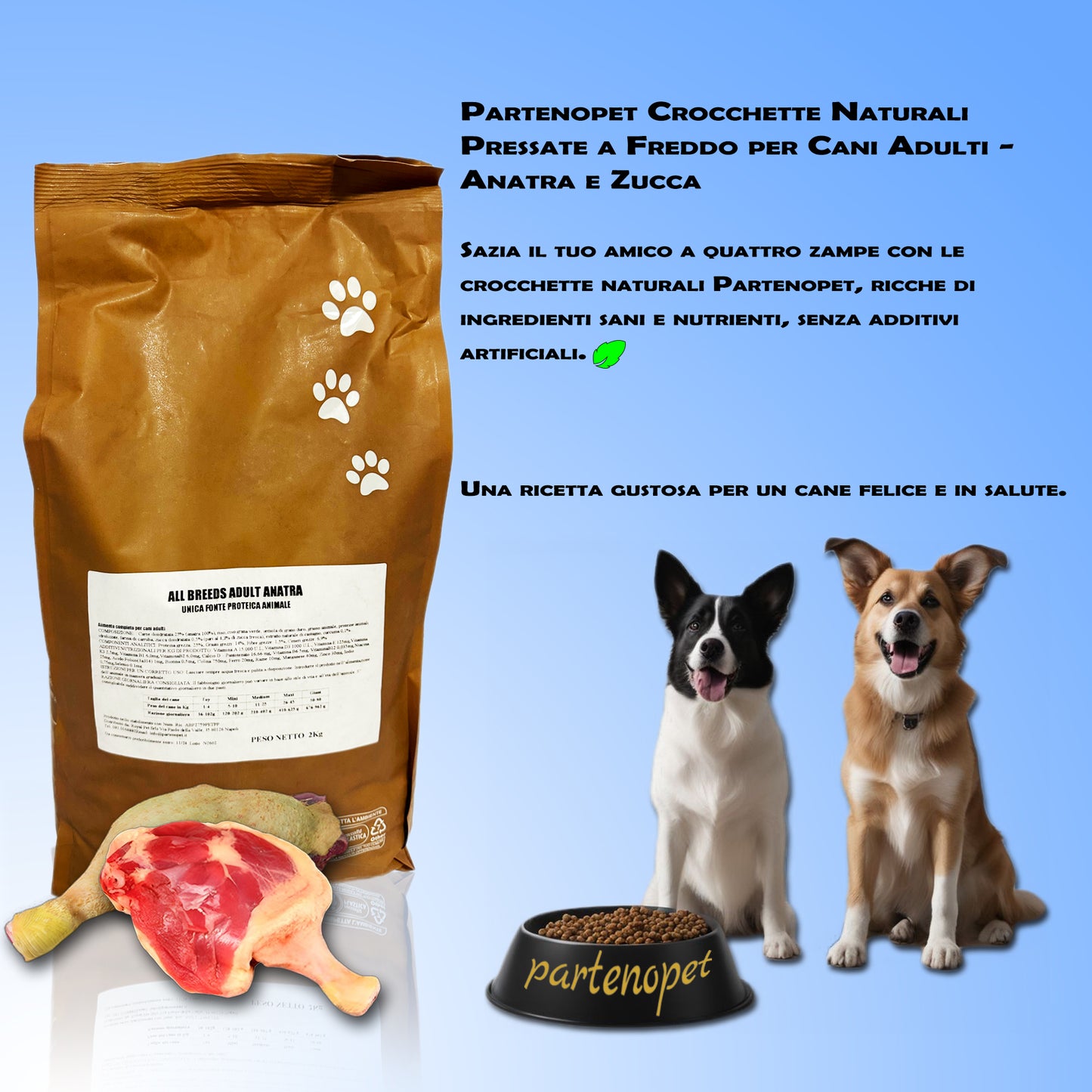 Partenopet Adult All Breeds Mono Anatra e Zucca Crocchette per Cani 100% Naturali 2 kg - Partenopet