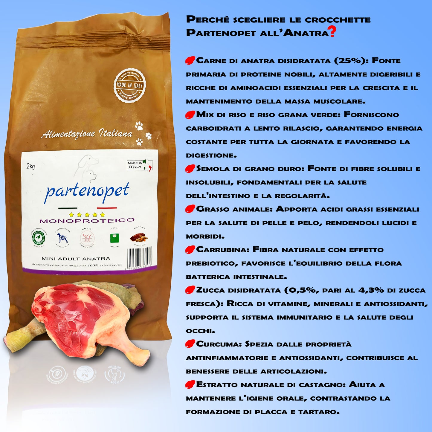 Partenopet Adult Mini Monoproteico Anatra e Zucca Crocchette per Cani 100% Naturali 2 kg - Partenopet