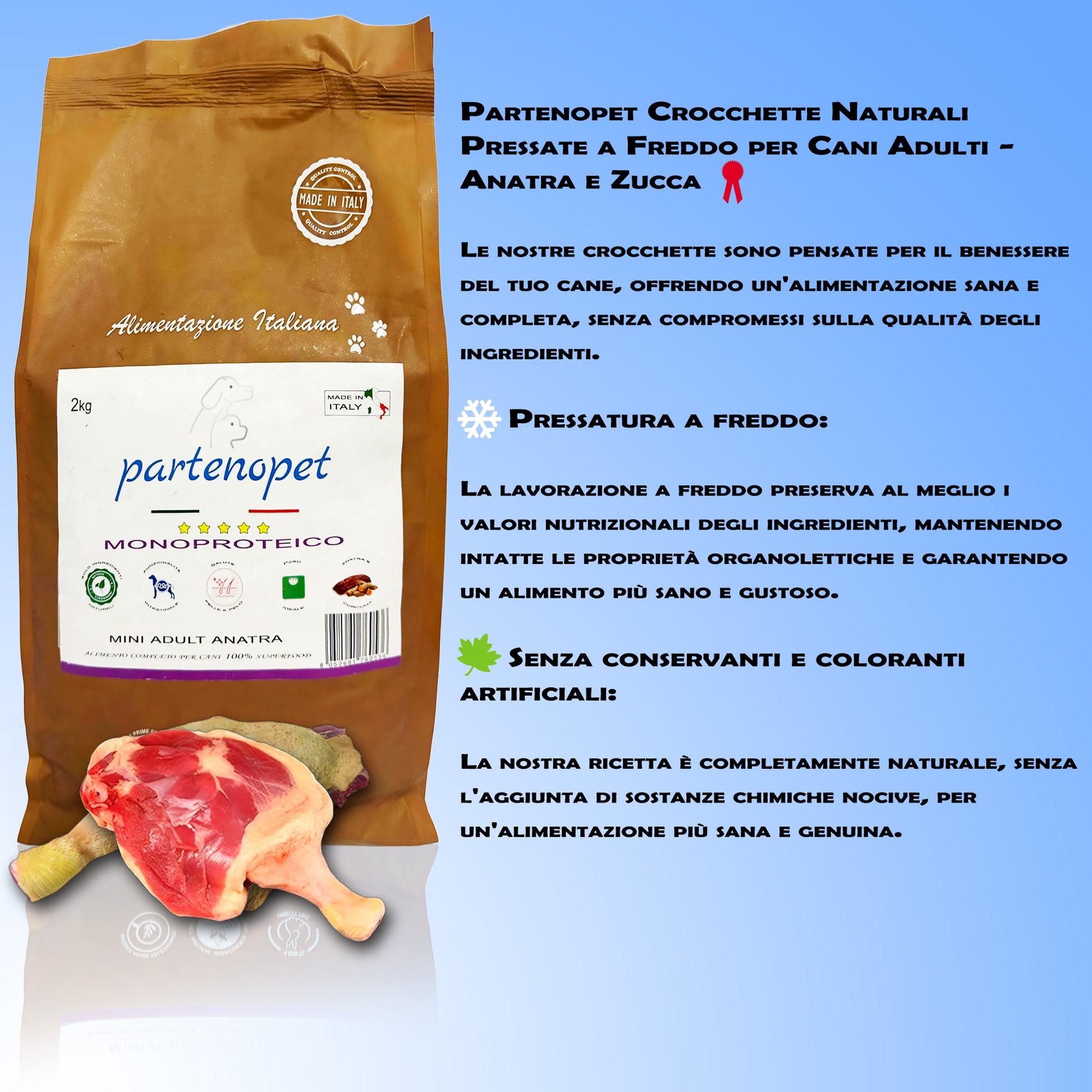 Partenopet Adult Mini Monoproteico Anatra e Zucca Crocchette per Cani 100% Naturali 2 kg - Partenopet