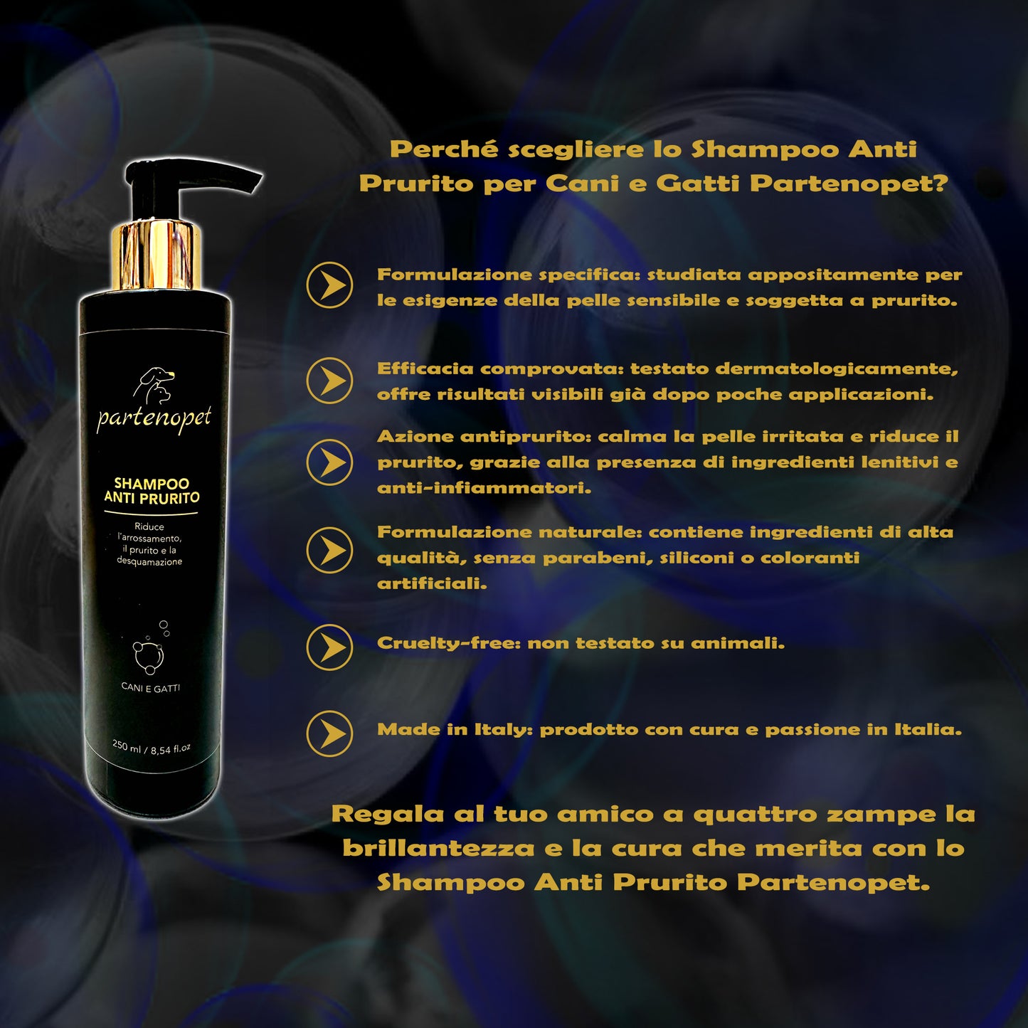 Partenopet Shampoo Antiprurito per Cani e Gatti con Oli Essenziali ed Estratti vegetali Profumato alla Menta 250 ml - Partenopet