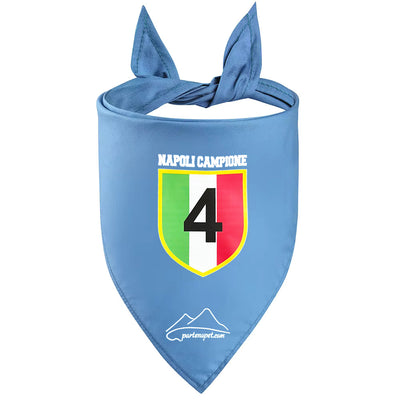 Bandana per cani con la scritta Napoli Campione e lo scudetto tricolore con il numero 4 all'interno di colore azzurra