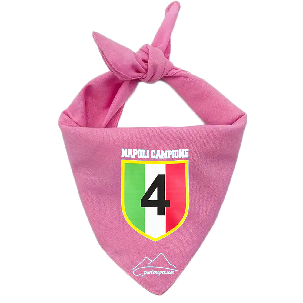 Bandana per cani con la scritta Napoli Campione e lo scudetto tricolore con il numero 4 all'interno di colore rosa