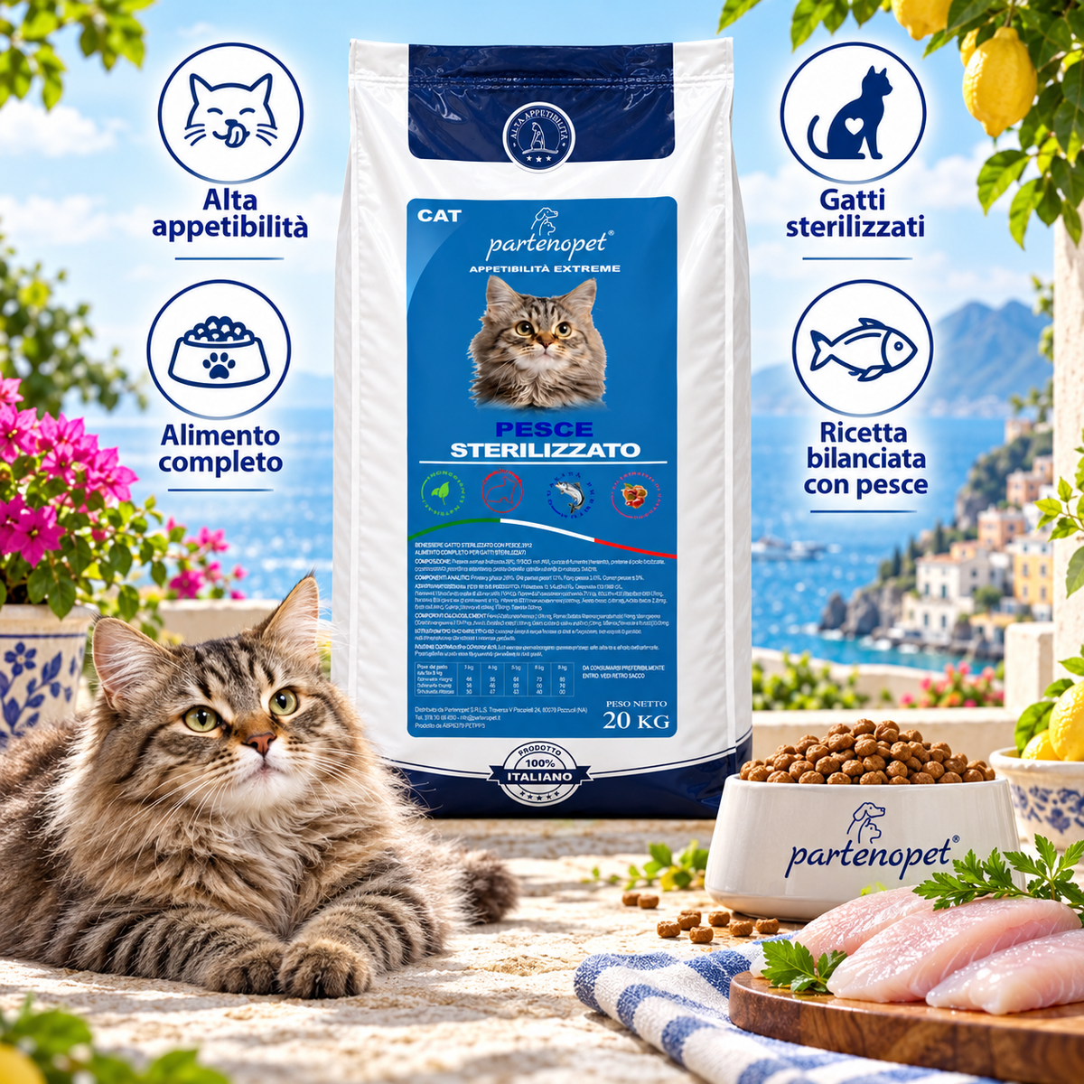 Partenopet Cat Sterilizzato Pesce alimento completo ad alta appetibilità per gatti sterilizzati