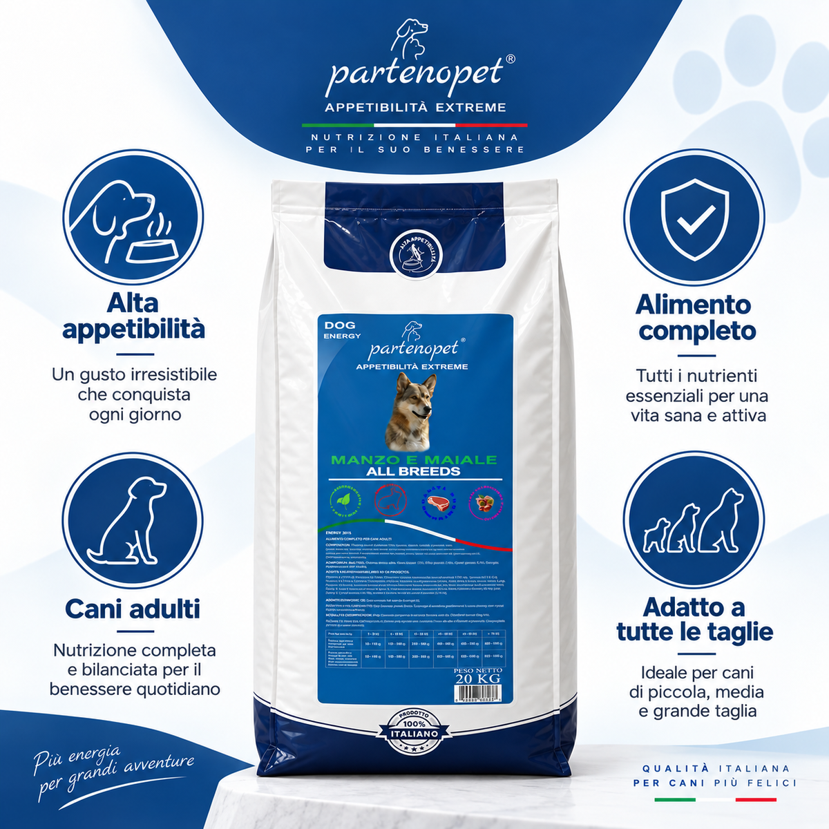Partenopet Dog Energy ad alta appetibilità, alimento completo per cani adulti di tutte le taglie