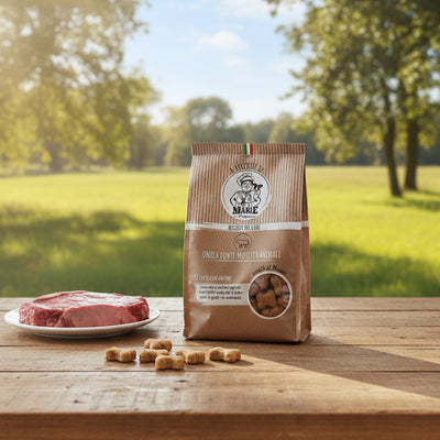 Confezione da 300g di Biscotti Marie Ossetti al Manzo per cani, snack mono-proteico naturale senza sale, coloranti e conservanti aggiunti