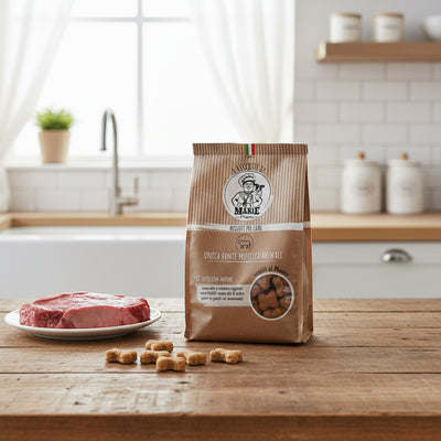 Confezione da 300g di Biscotti Marie Ossetti al Manzo per cani, snack mono-proteico naturale senza sale, coloranti e conservanti aggiunti