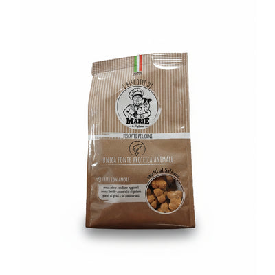 Confezione da 300g di Biscotti Marie Ossetti al Salmone per cani, snack mono-proteico senza sale, coloranti e conservanti, ricco di pesce disidratato.
