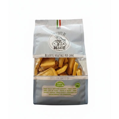 Confezione da 400g di Biscotti Marie Vegetali per cani a forma di Galletti, aromatizzati al latte, snack leggero senza carne, sale, zuccheri, lieviti e olio di palma.