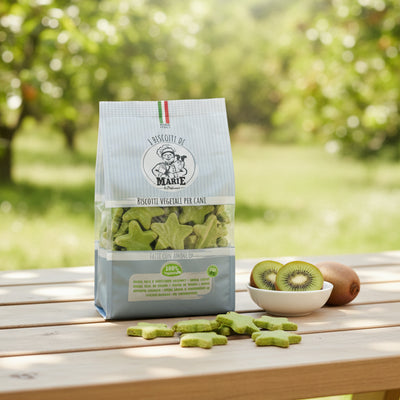 Confezione da 400g di Biscotti Marie Vegetali per cani a forma di stella, aromatizzati al kiwi, snack light senza carne, sale, zuccheri e lieviti.