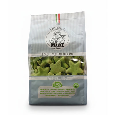 Confezione da 400g di Biscotti Marie Vegetali per cani a forma di stella, aromatizzati al kiwi, snack light senza carne, sale, zuccheri e lieviti.