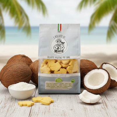 Confezione da 400g di Biscotti Marie Vegetali al cocco per cani, snack a forma di animaletti, senza carne, sale, zuccheri e lieviti