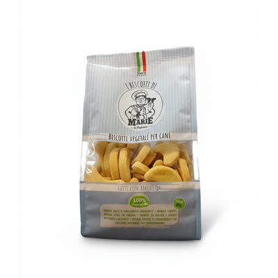 Confezione da 400g di Biscotti Marie Vegetali per cani a forma di mezzaluna, aromatizzati al formaggio, snack leggero senza carne, sale, zuccheri e lieviti.