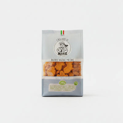 Confezione di Biscotti Marie Vegetali alla carota per cani da 400g, snack a forma di animaletti colorati, senza carne, sale, zuccheri e lieviti.