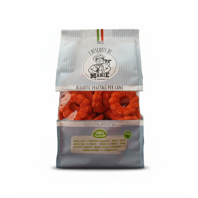 Confezione da 400g di Biscotti Marie Vegetali per cani a forma di fiore, aromatizzati alla mela, snack senza carne, sale, zuccheri, lieviti e olio di palma.