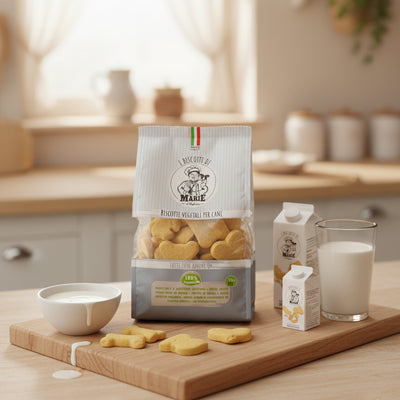 Confezione da 400g di Biscotti Marie Vegetali al latte per cani, snack a forma di animaletti mix, senza carne, sale, zuccheri, lieviti e olio di palma.