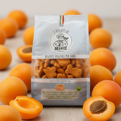 Confezione da 400g di Biscotti Marie Vegetali per cani, a forma di animaletti, gusto albicocca, senza carne, sale, zuccheri e lieviti aggiunti