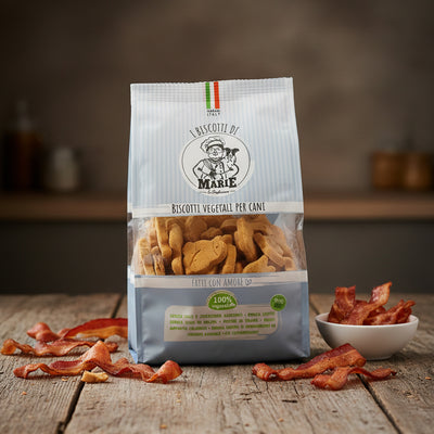 Confezione da 400g di Biscotti Marie Vegetali per cani, mix di animaletti colorati con aroma bacon, snack senza carne, sale e zuccheri aggiunti.