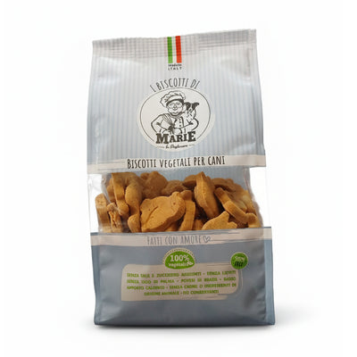 Confezione da 400g di Biscotti Marie Vegetali per cani, mix di animaletti colorati con aroma bacon, snack senza carne, sale e zuccheri aggiunti.