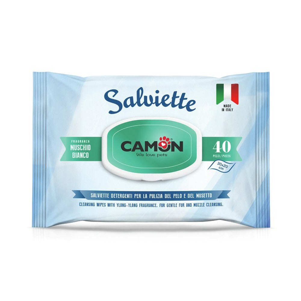 Confezione di salviette per cani e gatti con muschio bianco Camon da 40 salviette