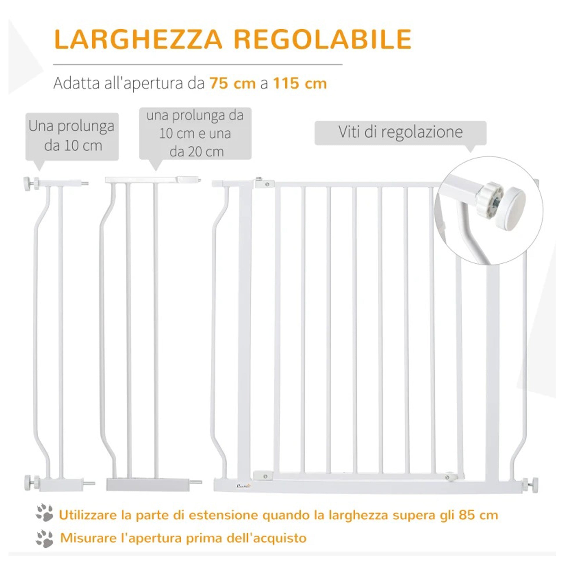 Cancelletto di Sicurezza per Cani Estensibile 75-115cm: Adatto a Tutte le Aperture in ABS e Acciaio bianco - Partenopet