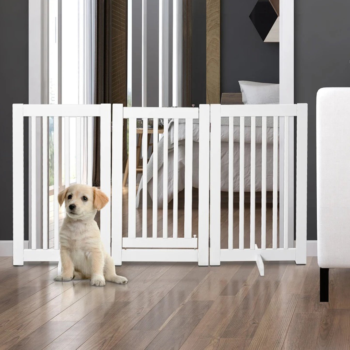 Cancelletto per Cani Pieghevole 3 Pannelli con Porta con blocco in MDF Bianco, 155x76 cm - Partenopet