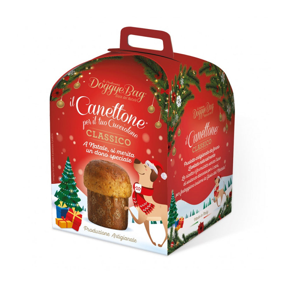 Scatola di cartone con panettone per cani il Canettone Classico della Doggye Bag da 125 g