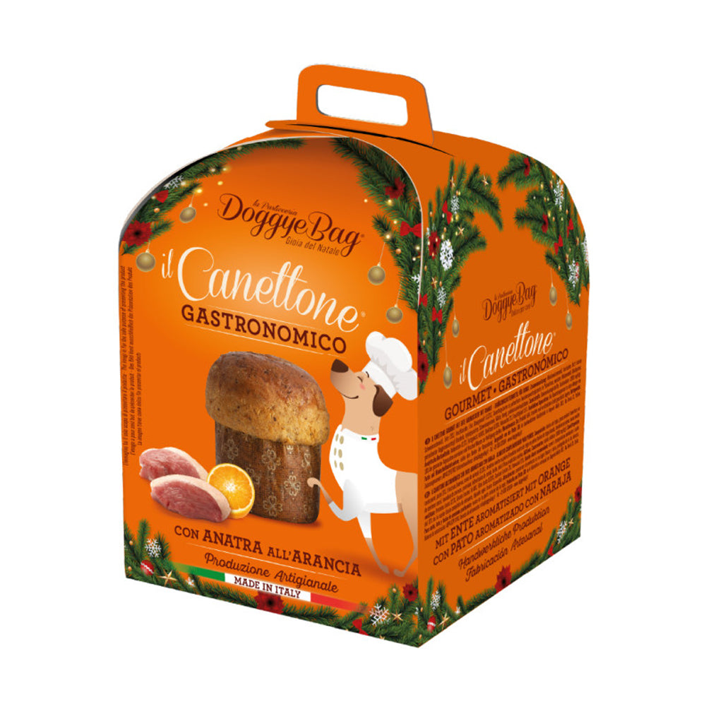 Scatola di cartone con panettone per cani con anatra all'arancia il Canettone Gastronomico della Doggye Bag da 125 g