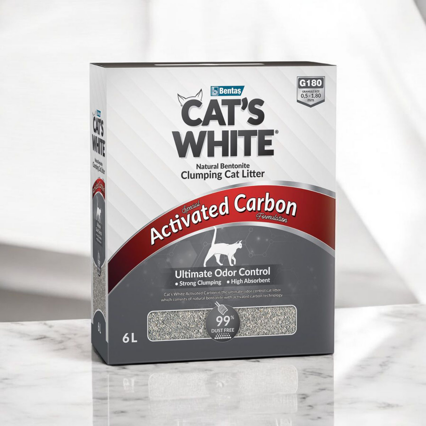 Scatola di lettiera agglomerante per gatti con carbone attivo Cat's White da 6 litri
