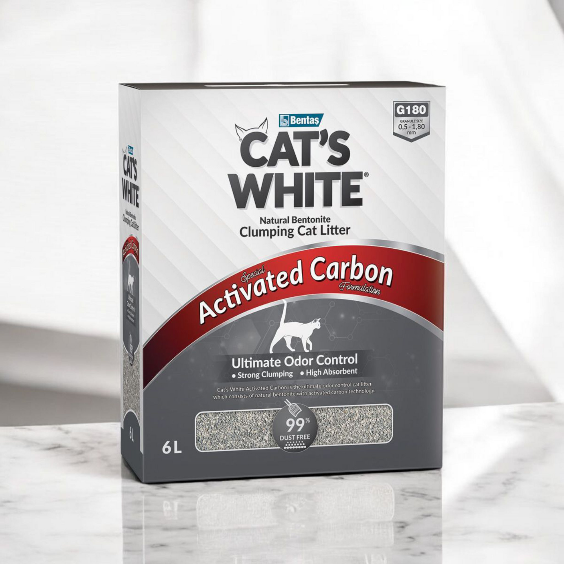 Scatola di lettiera agglomerante per gatti con carbone attivo Cat's White da 6 litri