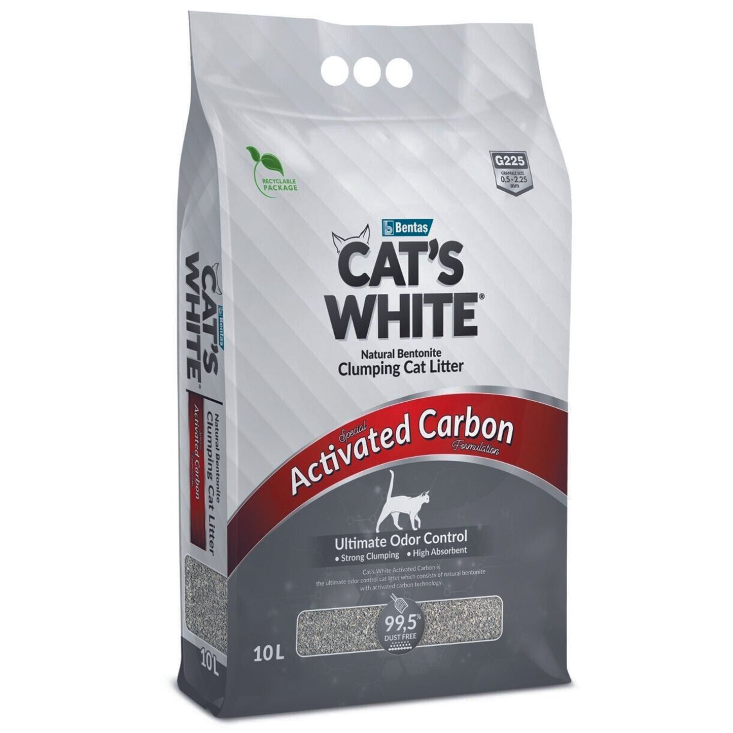 Cat's White Grey Odour Control Lettiera Agglomerante per Gatti Bentonite ai carboni attivi 10 L - Partenopet